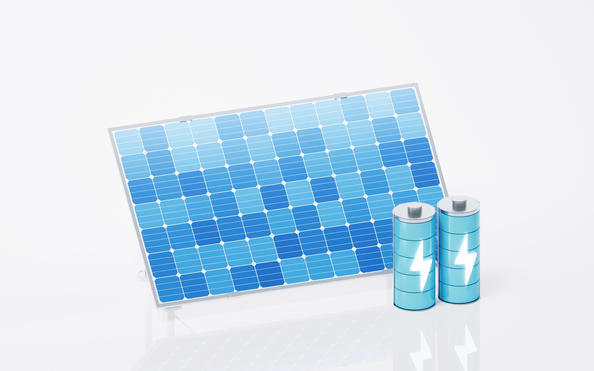Solar panels and batteries, 3d rendering.